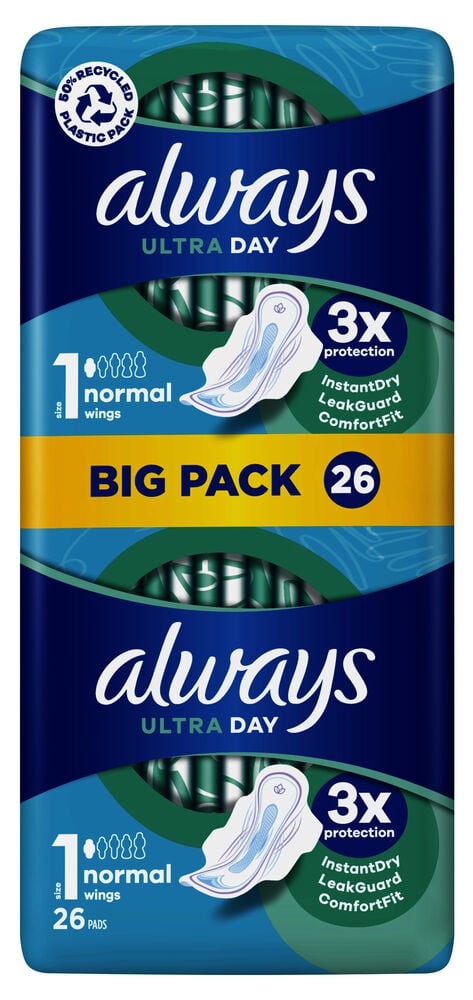 Stor blå pakke med Always Ultra damebind.