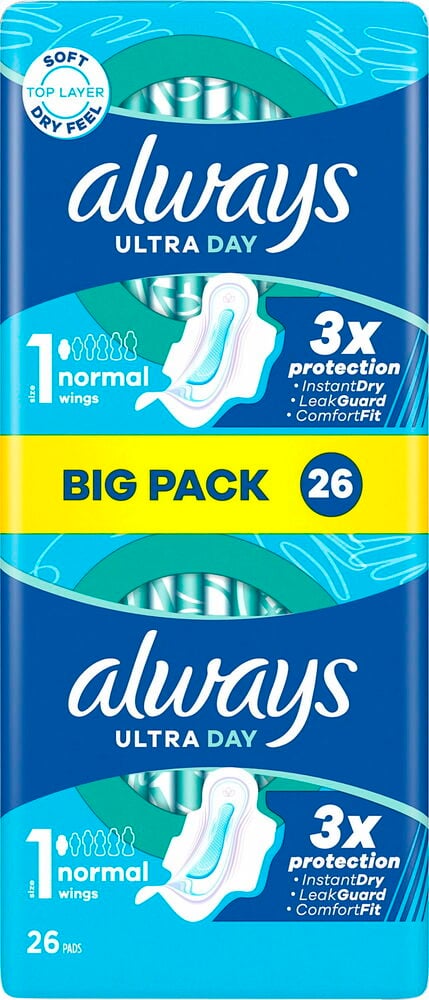 Blå förpackning Always bindor med vingar, 26 stycken.