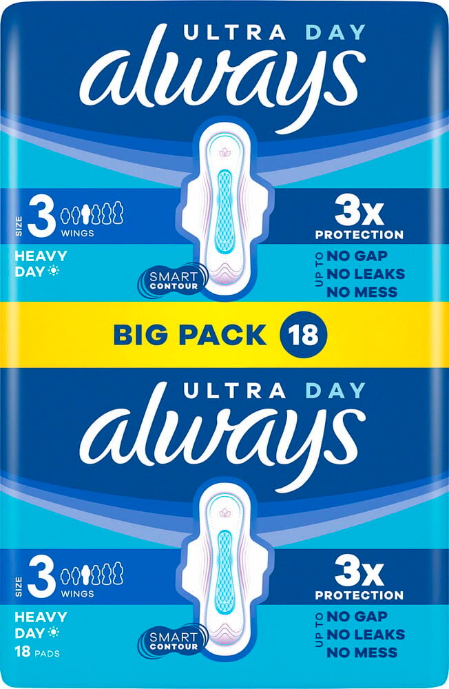 Always Ultra Day dambindor, storlek 3 med vingar, 18-pack för tungt flöde, 3x skydd.