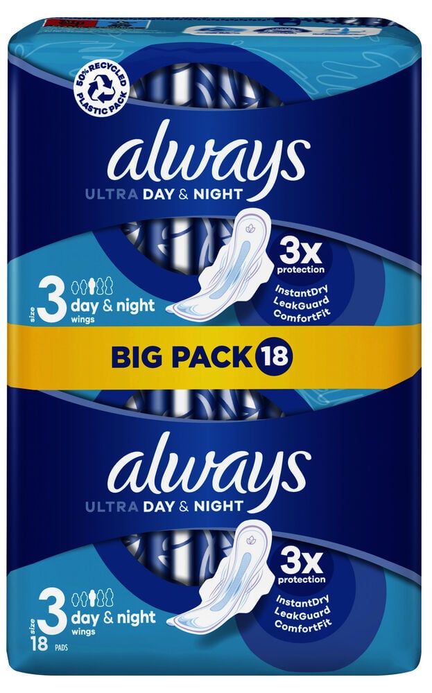 Blå förpackning med Always dambindor natt och dag.