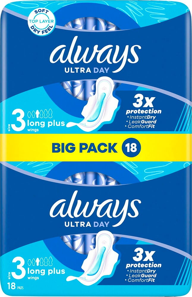 Blå förpackning med Always Ultra Day bindor.