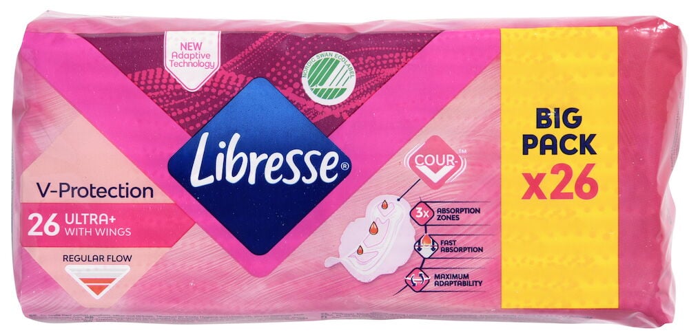 Rosa Libresse damebind med vinger, storpakning 26 stykker.