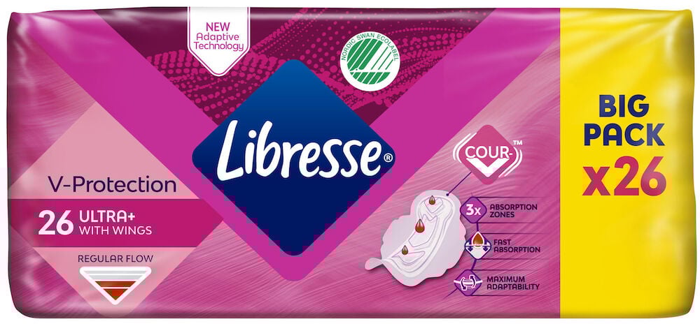 Rosa pakning Libresse damebind med vinger 26-pakning.