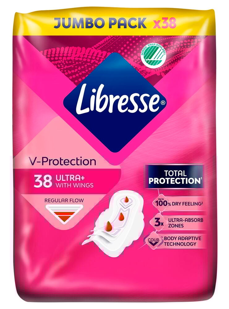 Rosa emballasje med Libresse bind og vinger.