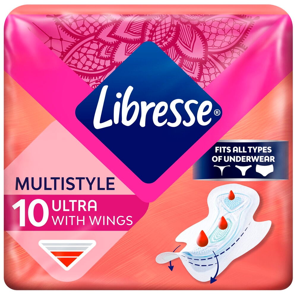 Terveysside Libresse 10-pack Multistyle, pinkki paketti, ultra siivillä, sopii kaikille alusvaatetyypeille.