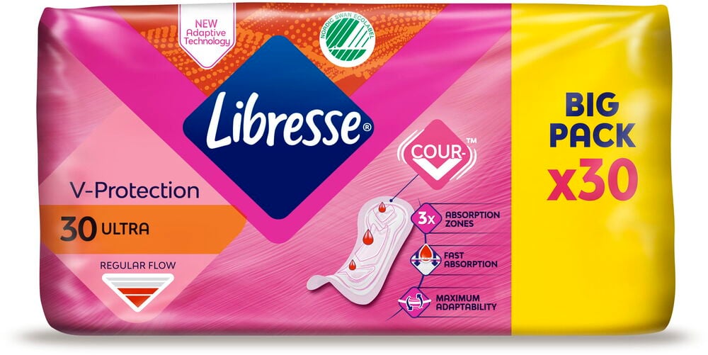 Ett gult och rosa 30-pack Dambinda Libresse Ultra Normal för regelbundet flöde, med V-skydd.