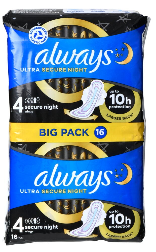 Always Ultra Secure Night binders, stor pakke 16-pakning.
