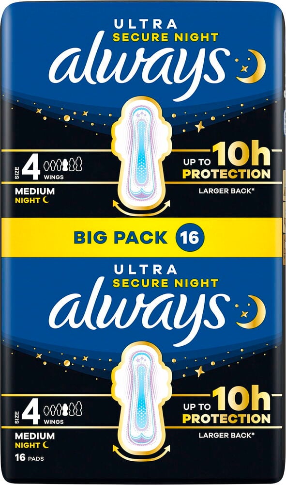 Två förpackningar Dambinda Always Ultra Secure night, storlek 4 med vingar, upp till 10h skydd.