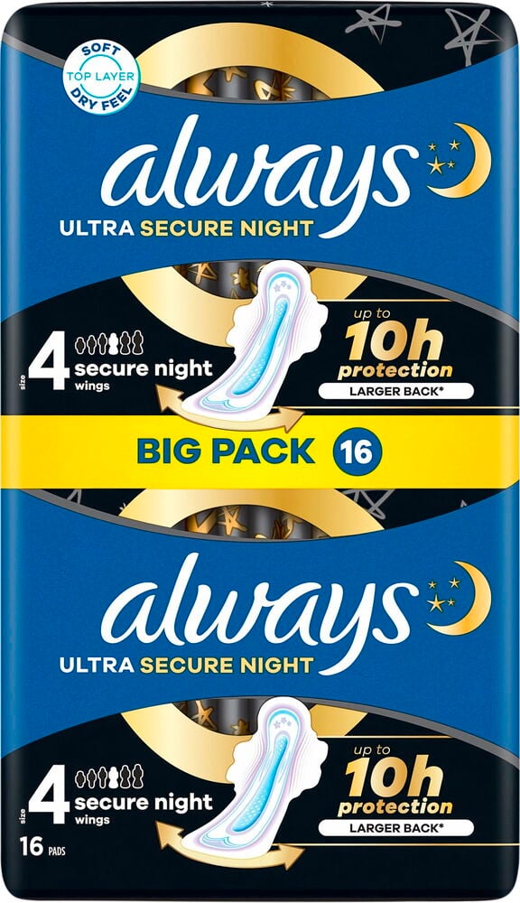 Stor blå förpackning Always Ultra Secure Night dambindor.