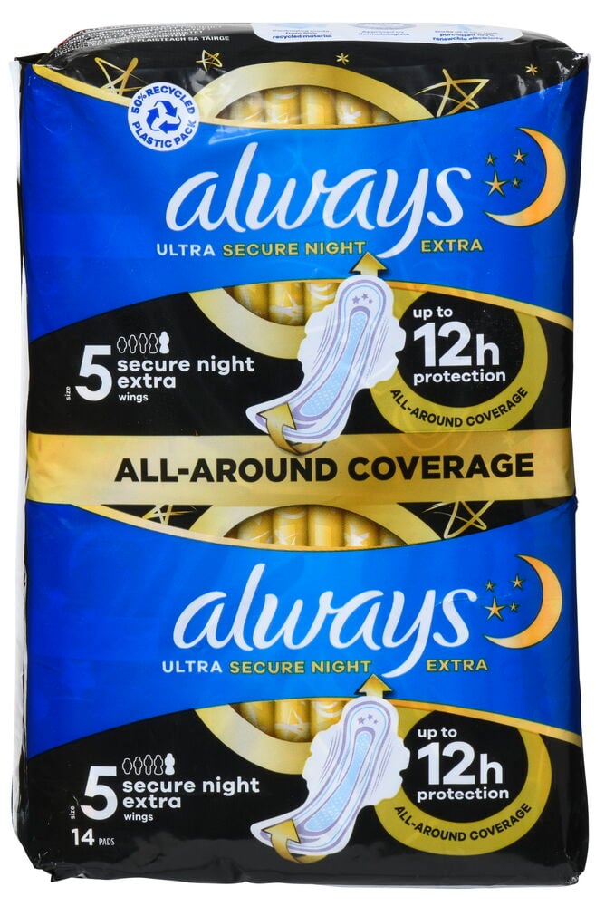 Zwei gestapelte blau-schwarze Damenbinde Always Ultra Secure Night Extra 14er-Pack, zeigt 14 Binden.