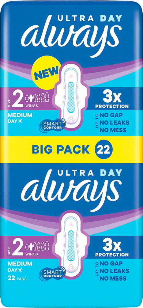 Två staplade förpackningar med Dambinda Always Ultra 22-pack Long Pads, storlek 2 med vingar, blå, lila och ljusblå.