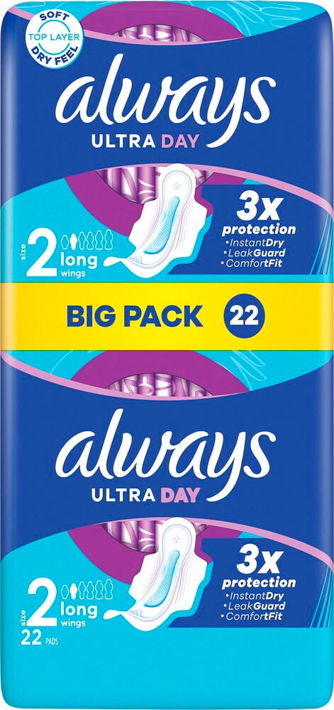 Blå förpackning med 22 långa dambindor med vingar.