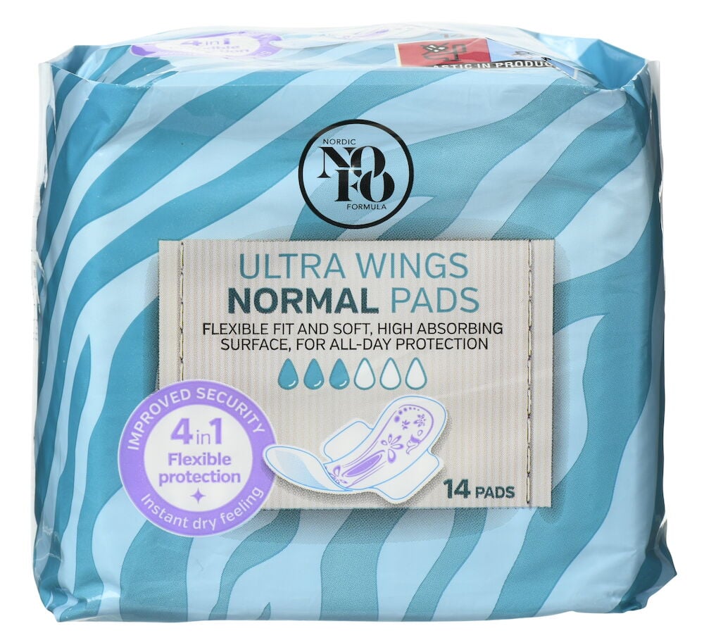 Sininen pakkaus, jossa 14 ultra ohutta normaalikokoista siivekkeellistä kuukautissuojaa.