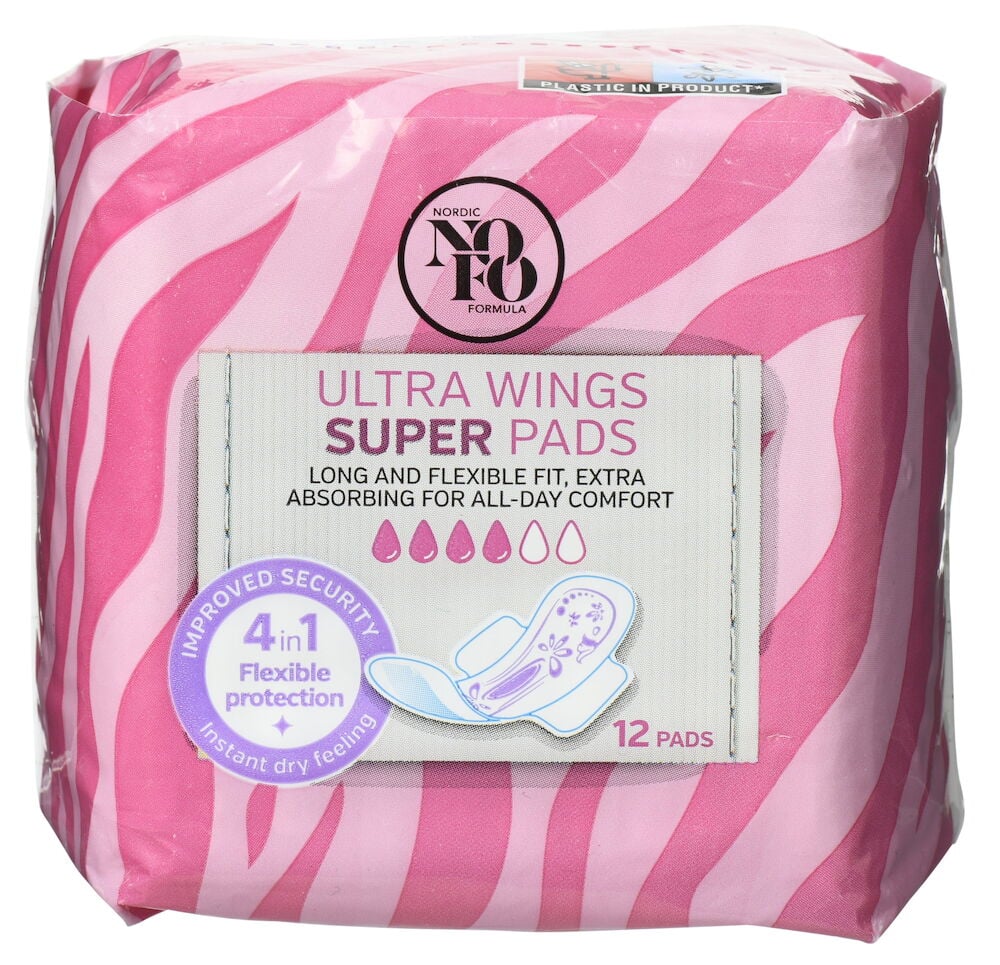 Vaaleanpunainen pakkaus, jossa on kaksitoista ultra wings -terveyssidettä.