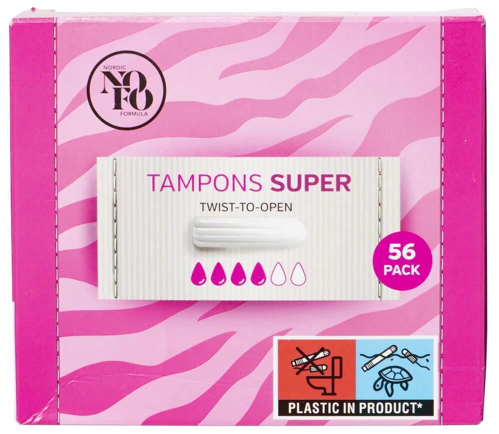 Rosa låda med tamponger super 56 pack.