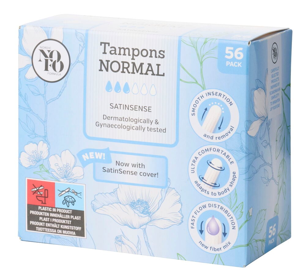 Tampon NoFo 56 er-Pack Normal, eine hellblaue und weiße Schachtel mit Blumenillustrationen.