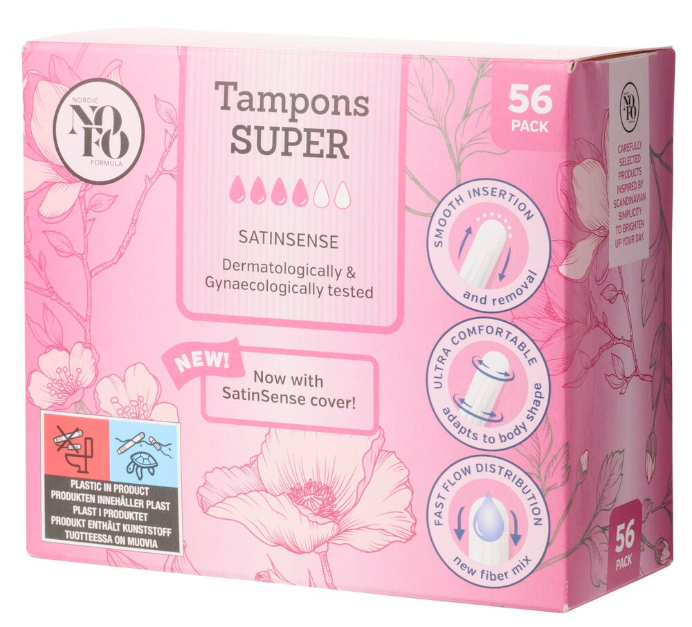 Vorderansicht einer rosa Tampon NoFo 56 er-Pack Super Schachtel mit Blumenmuster.