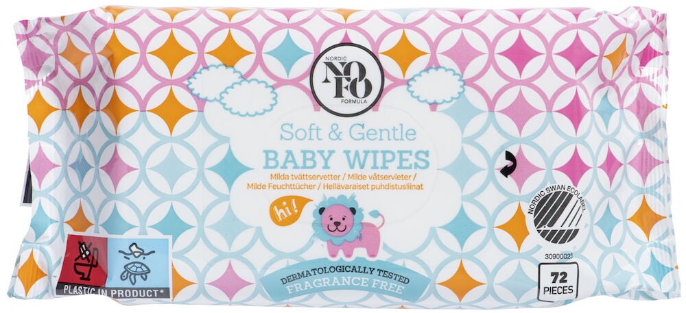 Färgglad förpackning med babyservetter och rosa lejon.