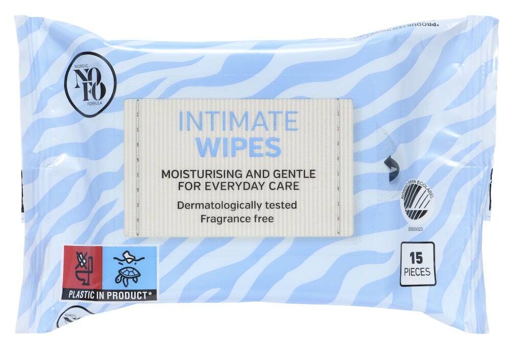 Blå förpackning med intimservetter femton stycken.