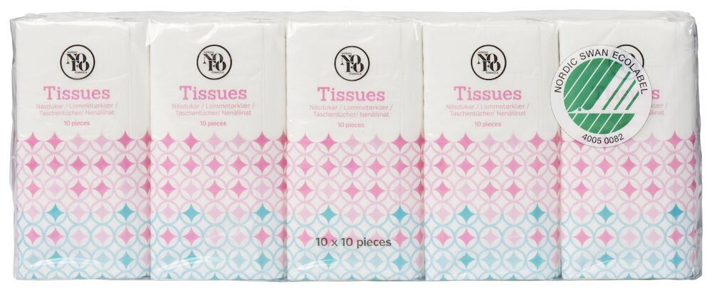 Tio rosa näsduksförpackningar i ett plastomslag.