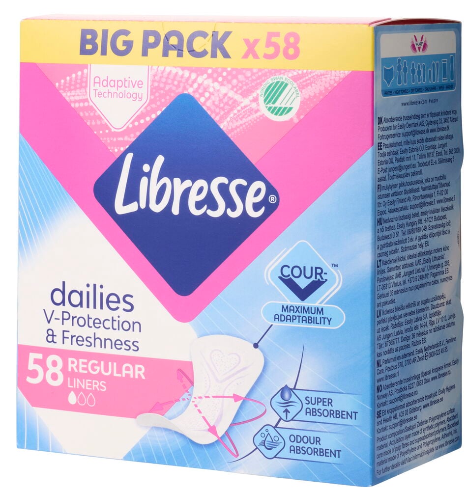 Slipeinlage Libresse 58er-Pack Normal Box, zeigt eine weiße konturierte Einlage neben der rosa Packung.