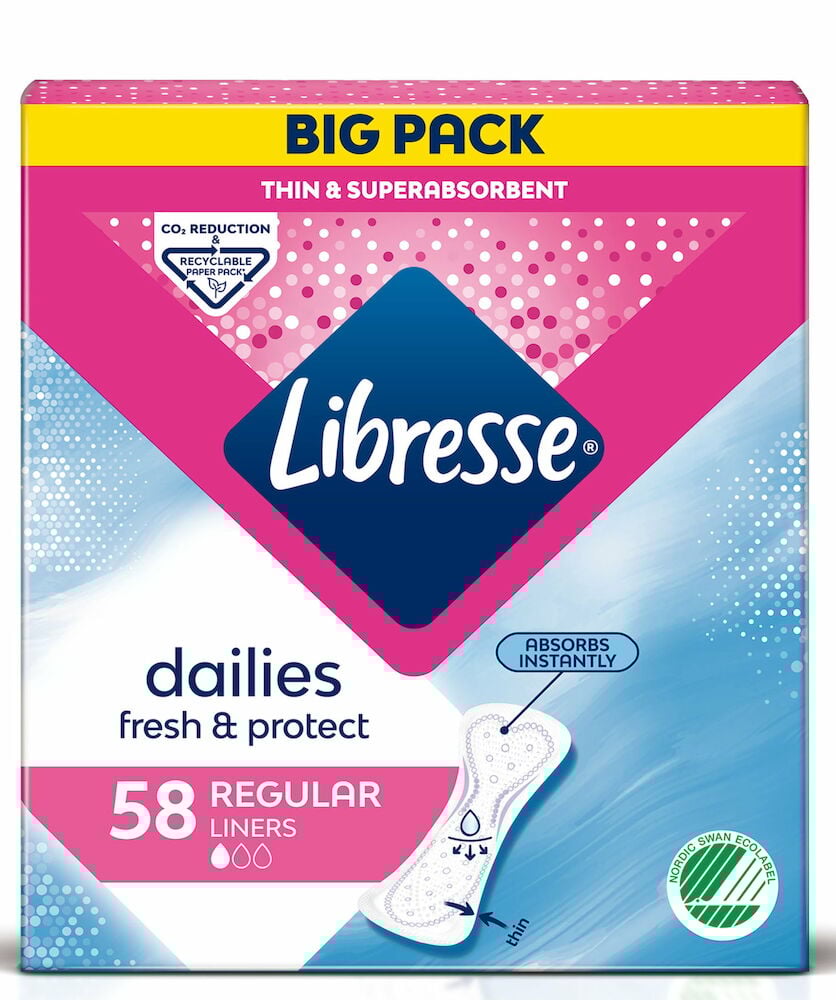 Förpackning med Libresse trosskydd femtioåtta stycken.