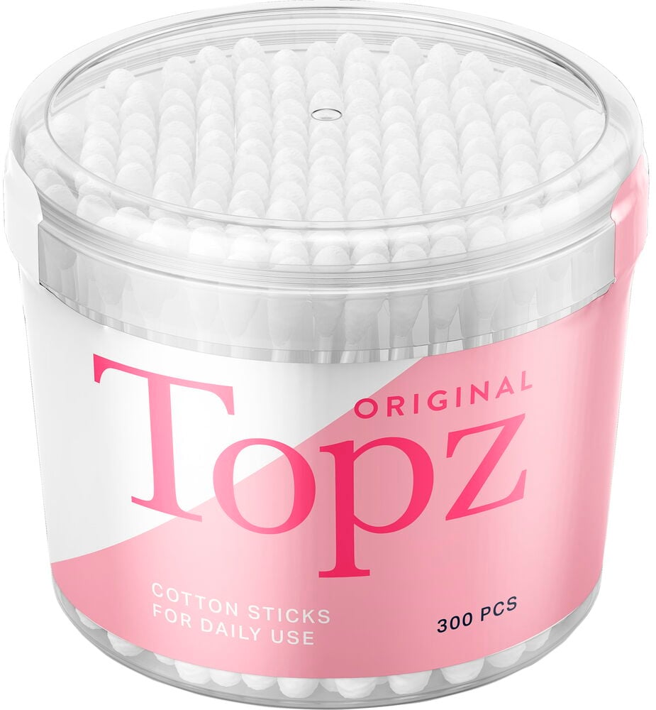 Rund förpackning med vita bomullspinnar och rosa etikett.