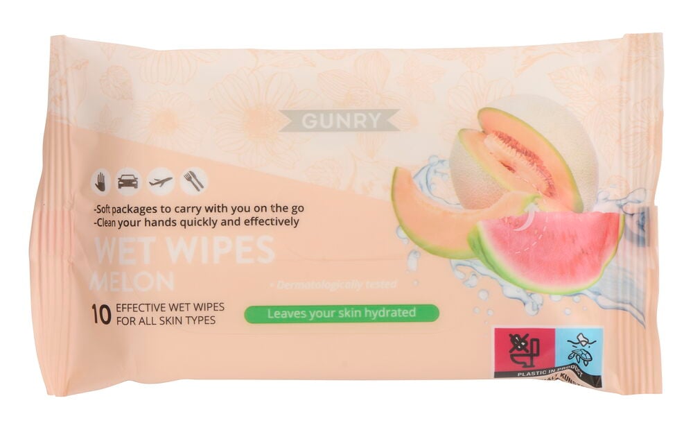 Feuchttücher 10 Stck. Melon, eine hellpfirsichfarbene Packung mit Melonengrafiken und Logo.