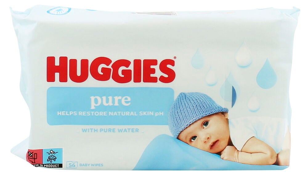 Weiße Packung Feuchttücher, Baby Huggies Pure mit einem Baby in blauer Mütze, 56 Stück.