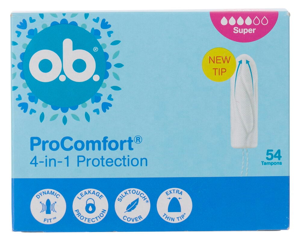 Tampong o.b. ProComfort 54-pack Super i en ljusblå förpackning med en vit tampong och absorptionsgrad visas.