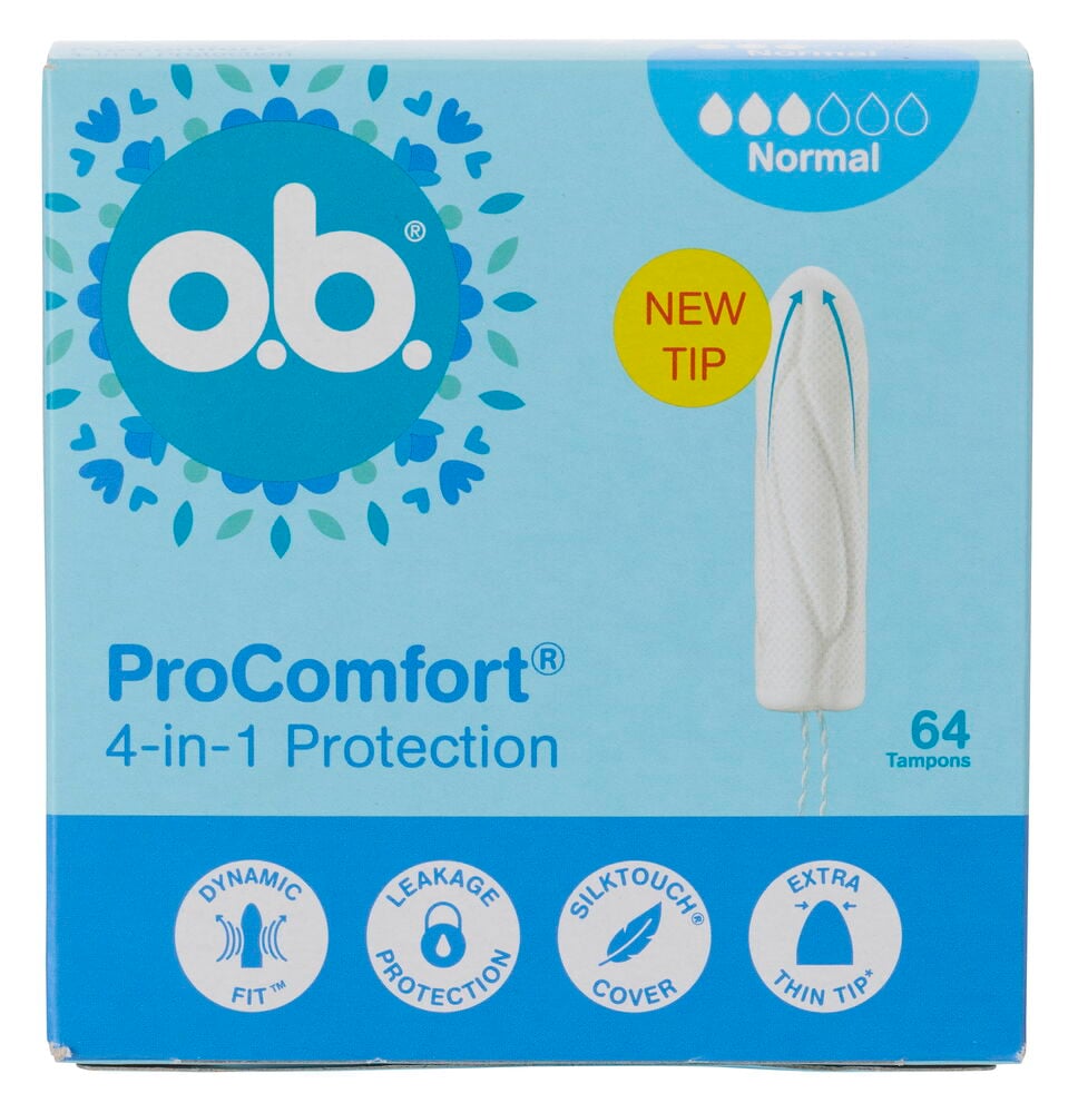 Box med o.b. ProComfort Normal tamponger, 64-pack, med "New Tip" och 4-i-1 skyddsfunktioner visas på förpackningen.