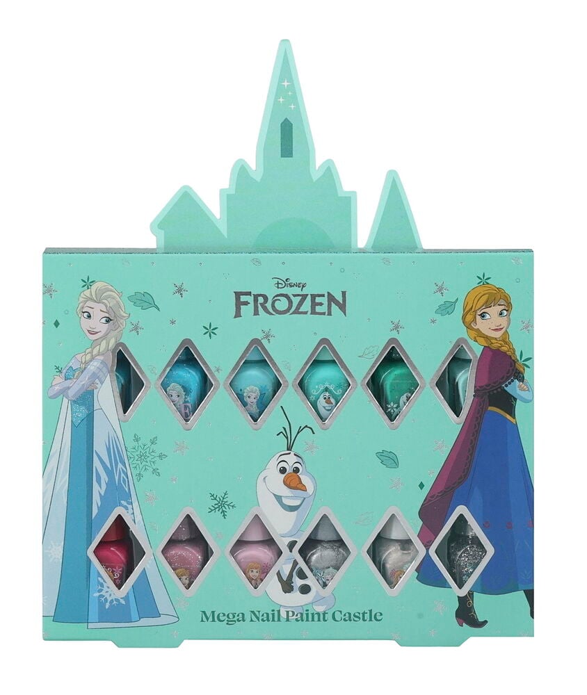 Myntgrön Disney Frozen nagellacks-slott presentförpackning med 10 olika lack, med Elsa, Anna och Olof.