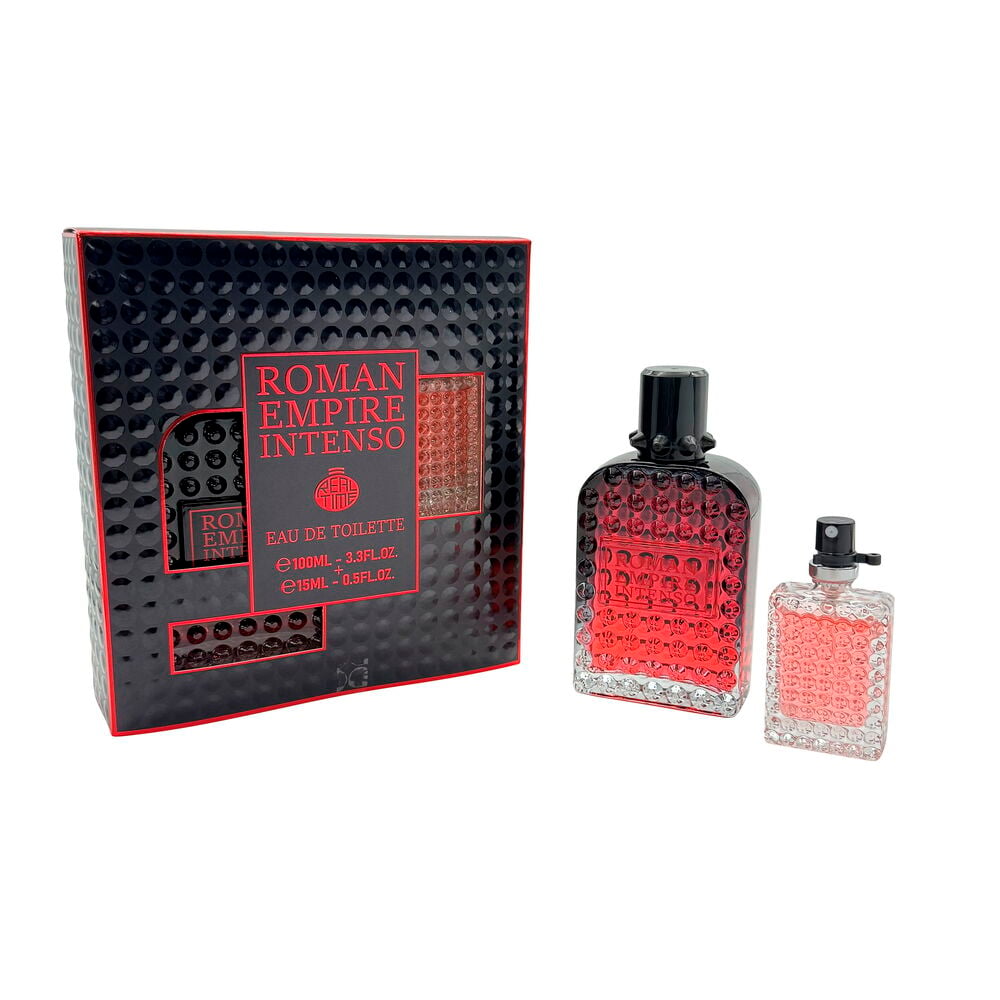 Ett svart och rött Roman Empire Intenso Men presentset med en 100ml och en 15ml dubbad parfymflaska.
