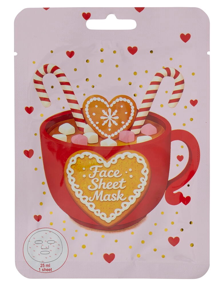 Sheet mask 1-pack Ginger Bread: rosa förpackning med röd varm chokladmugg, polkagrisar och pepparkakshjärtan.