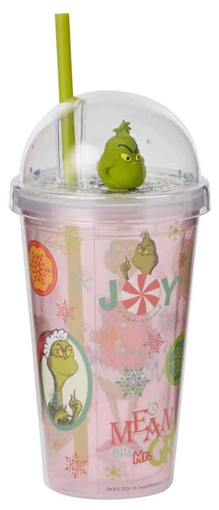 Dryckesmugg The Grinch, klar plastmugg med rosa Grinch-illustrationer, kupollock, 3D Grinch-figur och grönt sugrör.