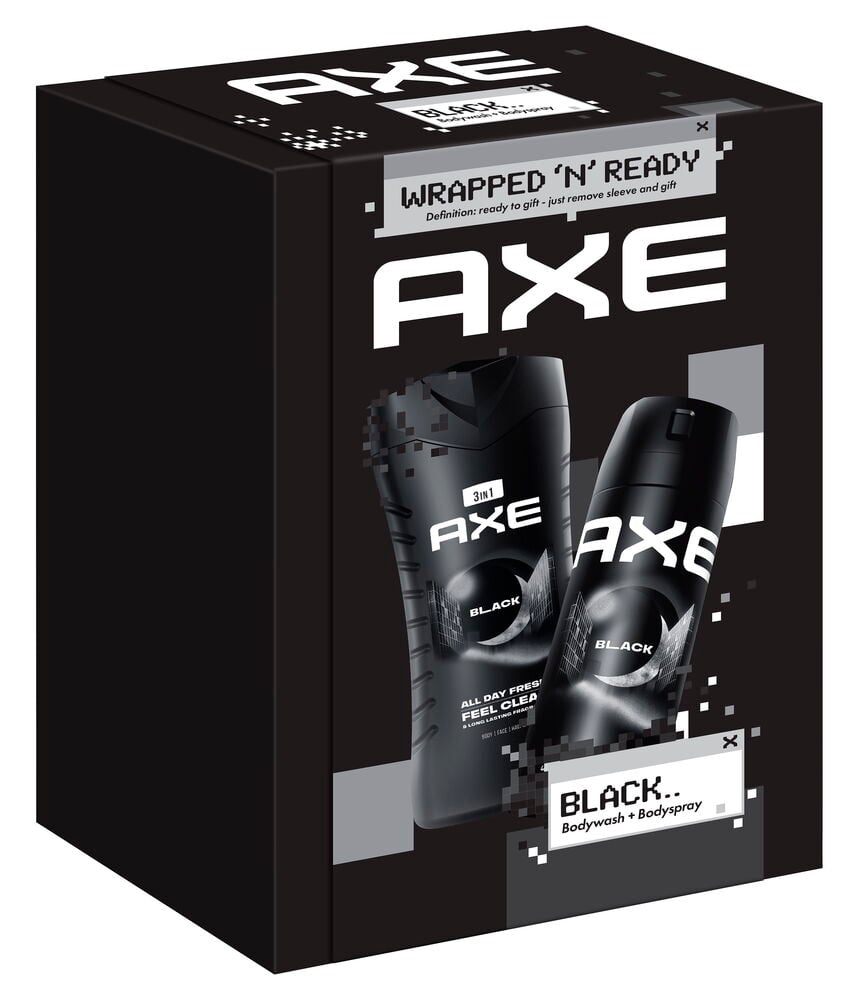 Gavesett Axe Xmas 2 deler Black med svart kroppsvask og bodyspray i en svart boks.