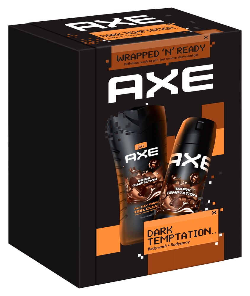 Gavesett Axe Xmas 2 deler Dark Temptation, en svart eske med oransje detaljer, inneholder en dusjsåpe og en bodyspray.
