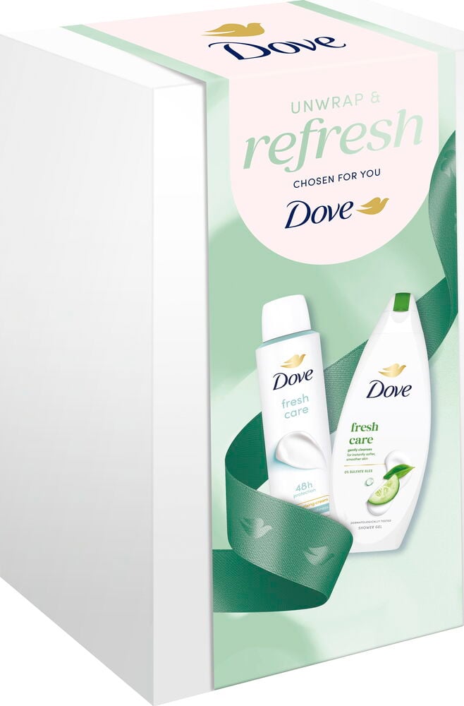 Gavesett Dove Xmas 2 deler Fresh Advanced, med en hvit deodorant og dusjgele på hvit eske.