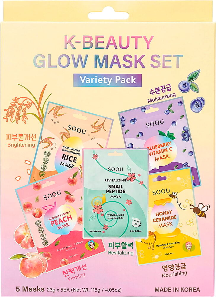 Gavesett SOQU 5 deler Glow Sheet Mask: en rektangulær eske som viser fem individuelle SOQU sheet mask-pakker.