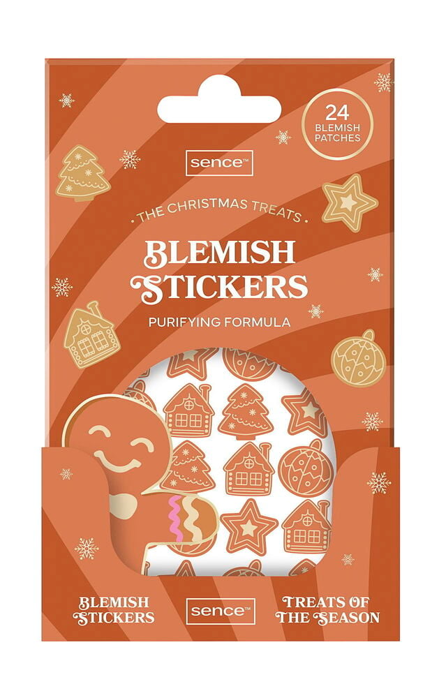 Sence Blemish stickers 24-pack, julmotiv med pepparkaksformer, visas på orange förpackning.