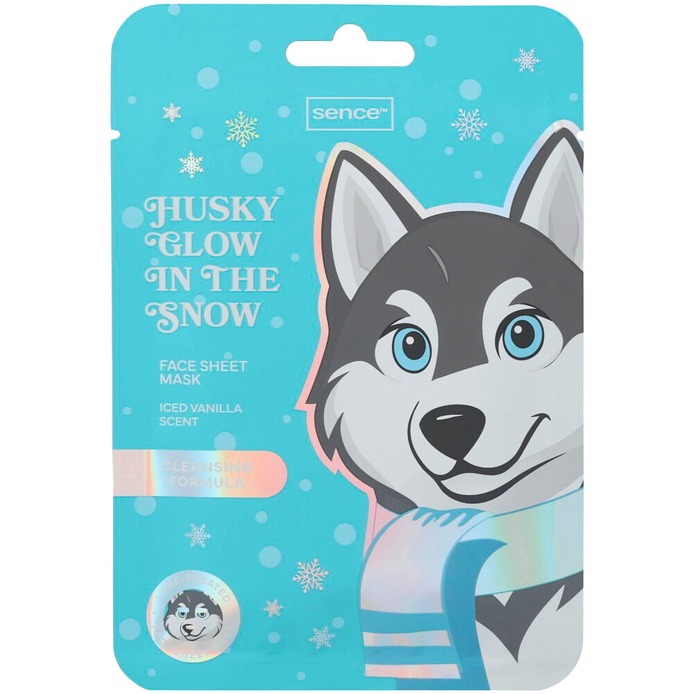 Blå Sence Husky Glow In The Snow sheet mask med doft av vanilj och en rengörande formula.