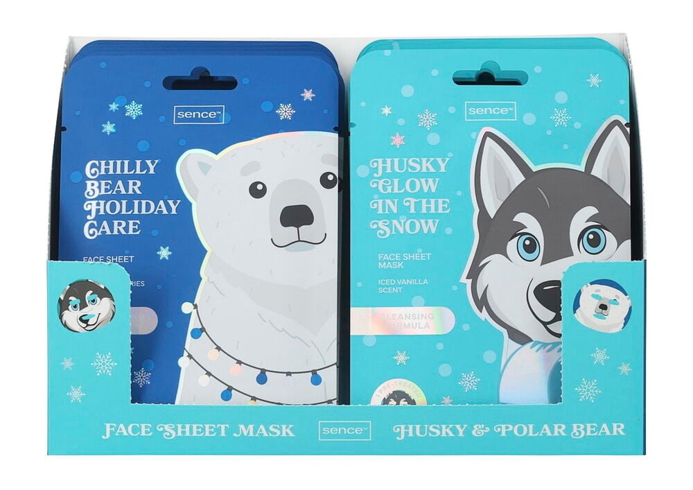 Sheet mask Sence Djur Blandade sorter med en isbjörnsmask och en huskymask, förpackade tillsammans.
