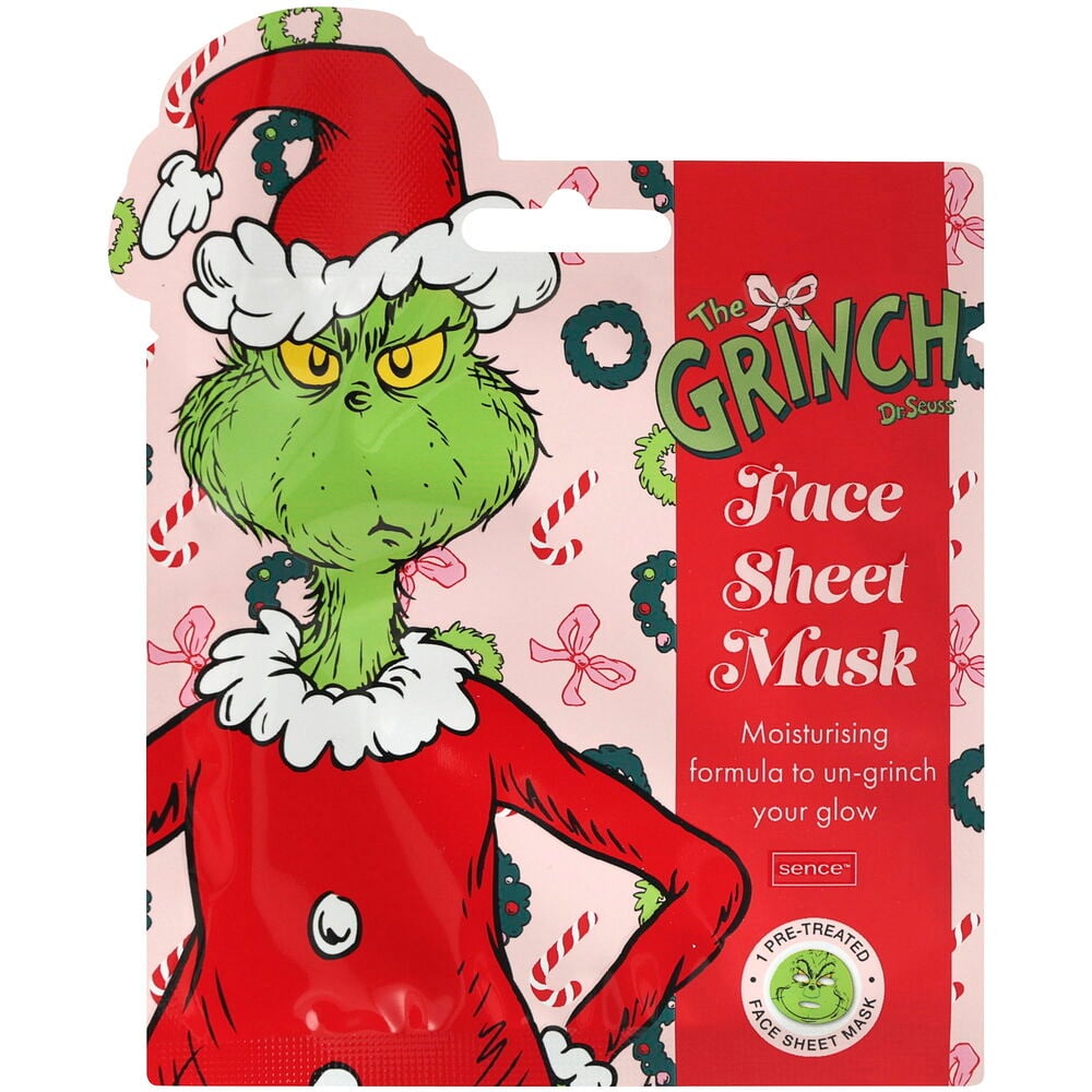 Sheet mask Sence 1-pack The Grinch förpackning med Grinchen i tomtekläder på rosa festlig bakgrund.