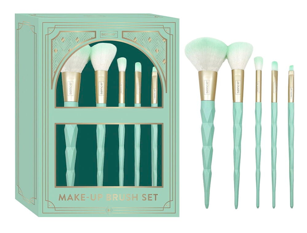 Ett mintgrönt Sminkborstsset Sence 5-pack Timeless Touch med facetterade handtag, visat i dekorativ låda och individuellt.