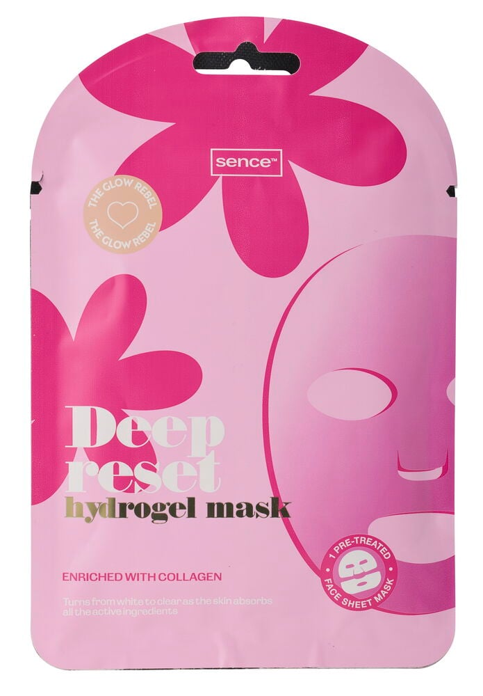 Rosa Sence Deep Reset hydrogel ansiktsmaskförpackning med mörkrosa blommönster och maskillustration.
