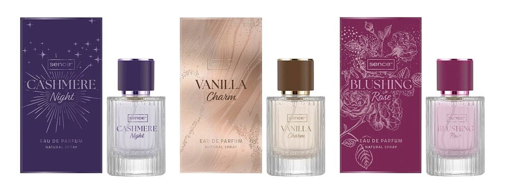 Sence Eau de Parfum blandat: lila Cashmere Night, beige Vanilla Charm, fuchsia Blushing Rose.