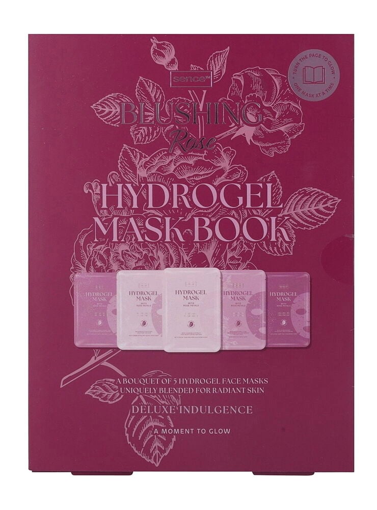 Sence 5 deler Blushing Rose Hydrogel Mask Book gavesett, en rosa boks med fem individuelle hydrogelmasker.