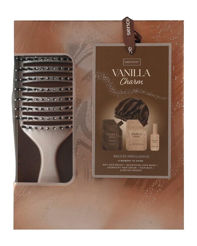 Gavesett Sence 5 deler Hair Care Set Vanilla Charm med hvit børste, brun sovehette, hårmaske, serum og mist.