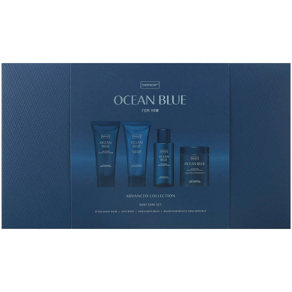 Gavesett Sence Men 4 deler Body Care Set Ocean Blue, inneholder balm, ansiktsrens, hår/kroppsvask og magnesium muskelsalt.