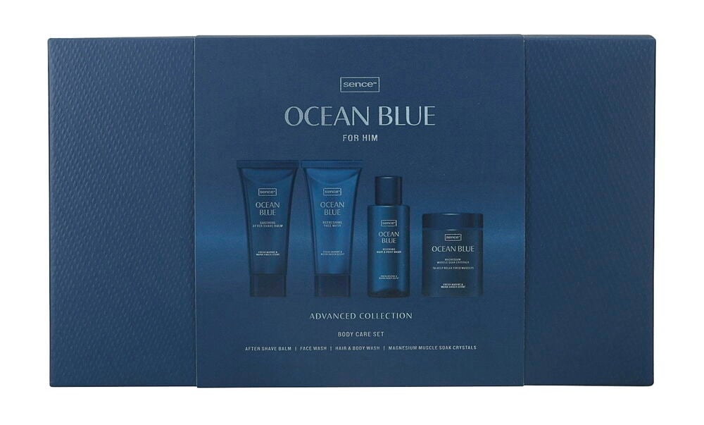 Mørkeblått Sence Men Ocean Blue 4-delers gavesett med aftershave balm, ansiktsvask, hår- og kroppsvask og badekrystaller.